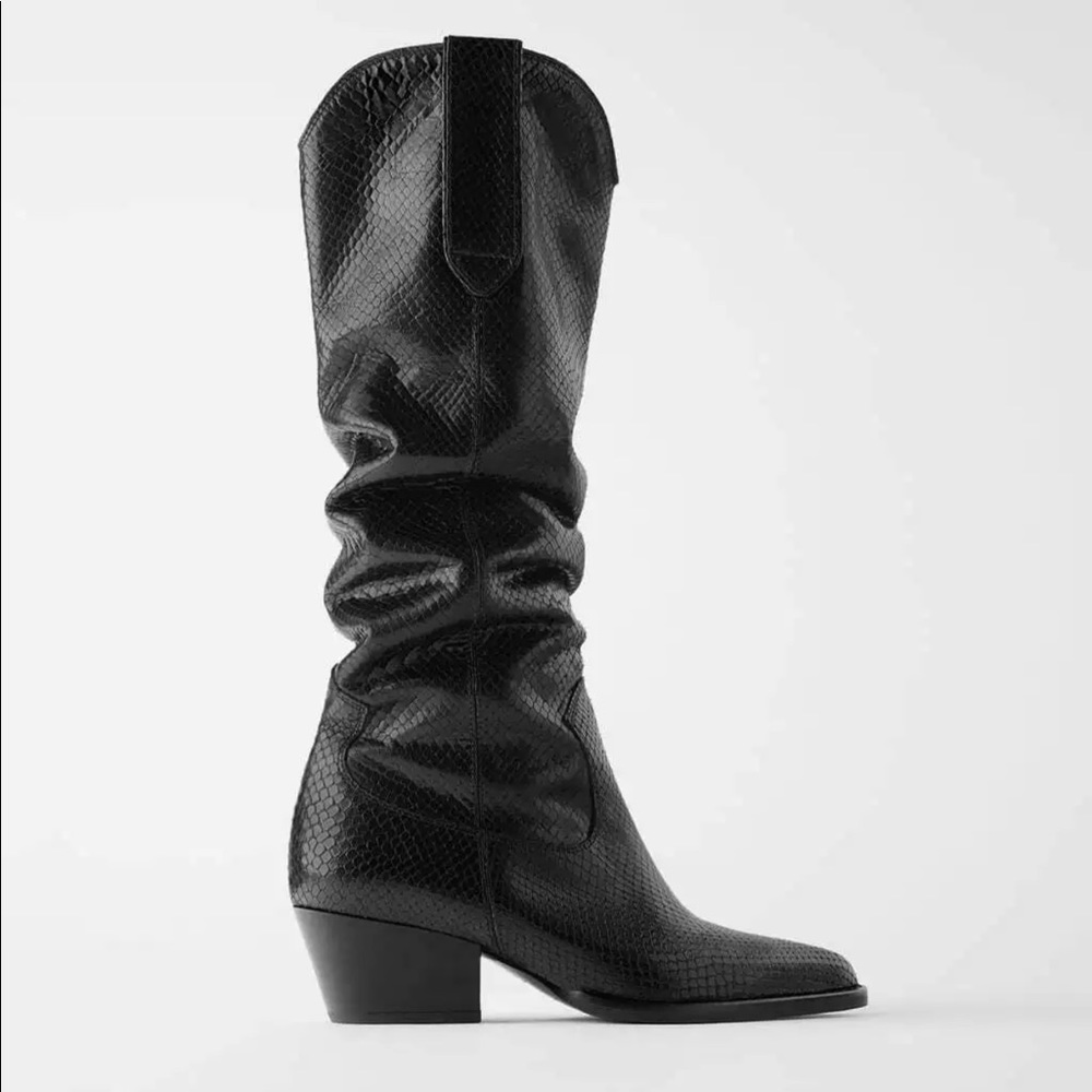 🖤 Zara Embossed Animal Print Leather Cowboy Boots – Size 9 – NWT